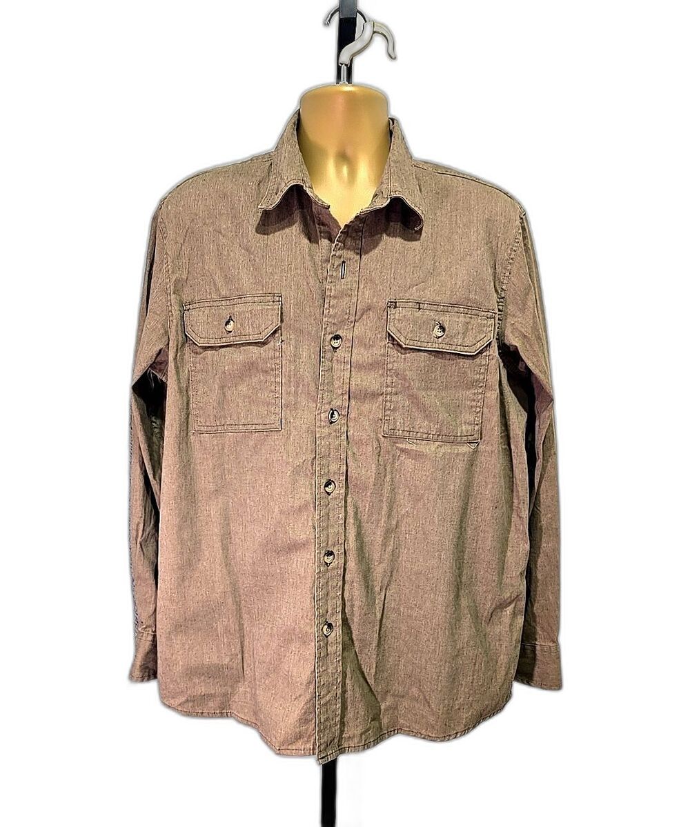 Wrangler Western Cotton Stretch Shirt Mens Lg Tan Long Sleeve Work Cowboy Canvas
